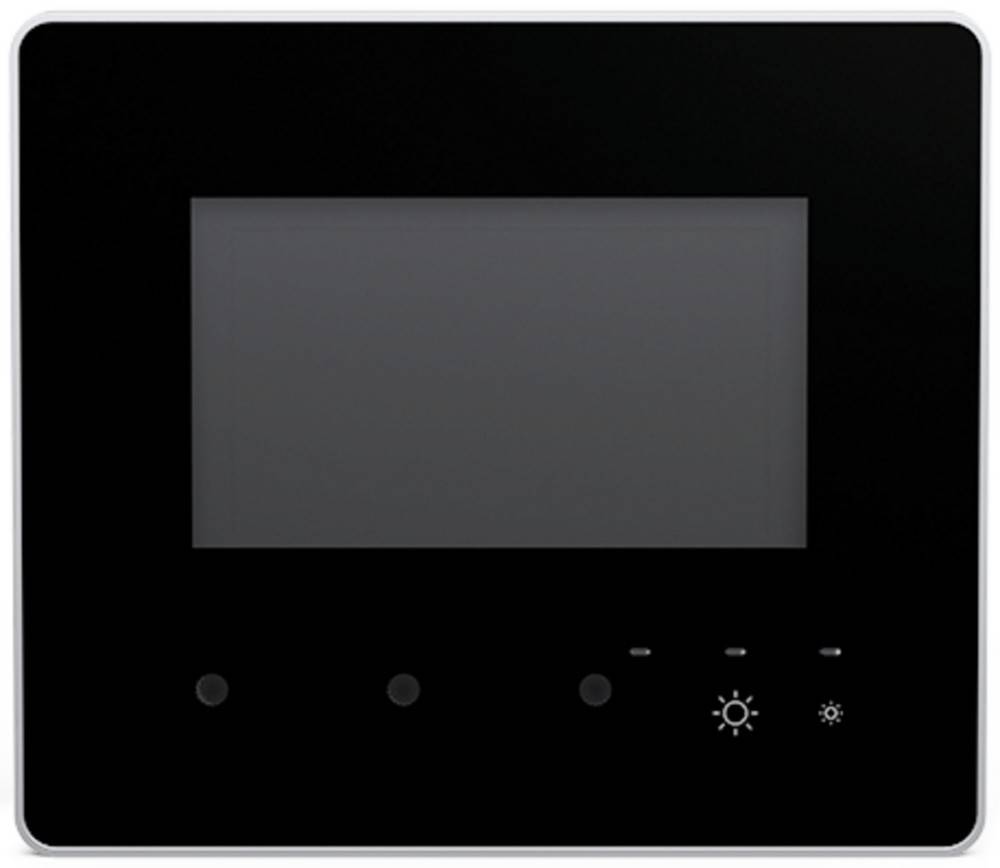 Ein schwarzes digitales Bedienfeld mit einem zentralen rechteckigen Displaybildschirm und fünf kreisförmigen Tasten darunter, zwei mit Helligkeitssymbolen.