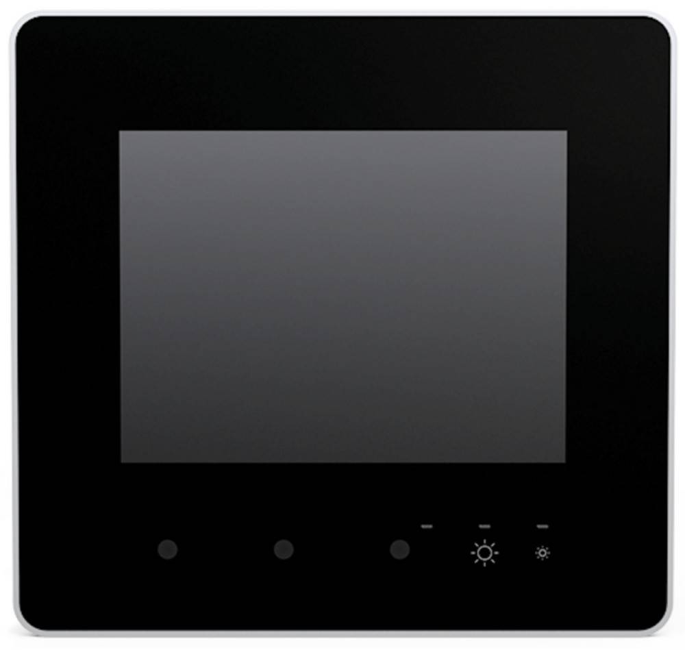 Ein schwarzes Touchscreen-Panel mit vier Symbolen darunter, einschließlich einer Sonne und einer Glühbirne, die Helligkeits- oder Beleuchtungssteuerung anzeigen.