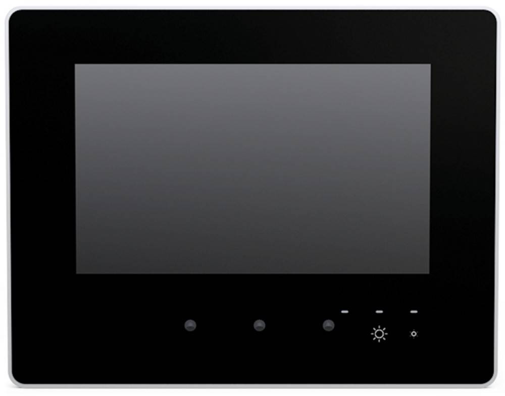 Ein schwarzes Glas-Schaltpanel im modernen Design mit einem großen zentralen Bildschirm und drei kreisförmigen Tasten am unteren Rand, vor einem weißen Hintergrund.