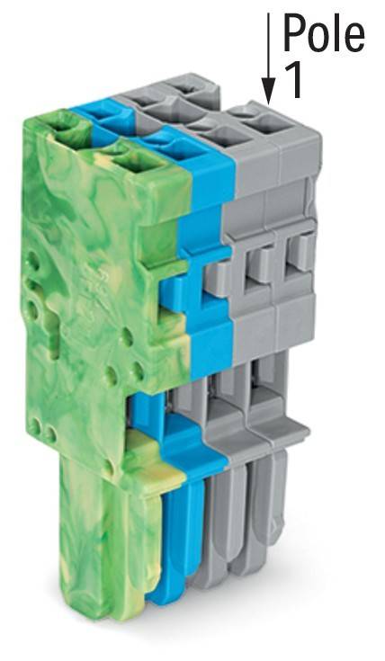 Ein modularer Stapel aus grünen, blauen und grauen ineinandergreifenden Teilen, die einen robusten, kompakten Turm bilden.