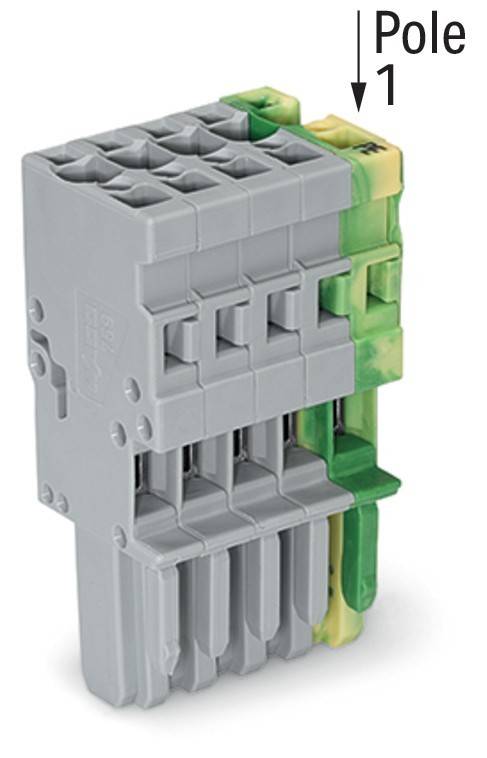 Ein Stapel von grauen und grünen elektrischen Anschlussklemmen, die in vertikaler Anordnung für Verdrahtungsanwendungen verbunden sind.