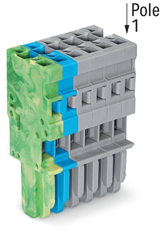 Ein Stapel von ineinandergreifenden Kunststoff-Verbinderblöcken in Grau, Blau und Grün, die zum Verbinden von elektrischen Kabeln konzipiert sind, von der Seite betrachtet.