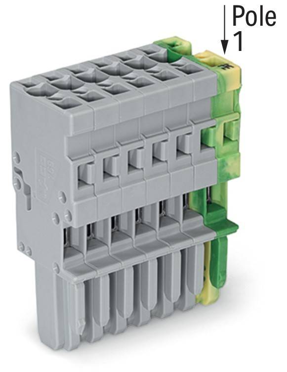Ein modularer Klemmenblock mit mehreren Anschlusspunkten, hauptsächlich grau mit einem grün-gelben Abschnitt, der in elektrischen Installationen verwendet wird.