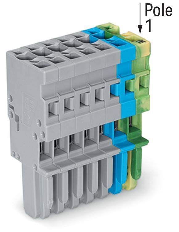 Ein Stapel grauer, blauer, grüner und gelber modularer Verbinder für elektrische Verkabelung, die unterschiedliche Ausrichtungen und Ausrichtungsschlitze zeigen.
