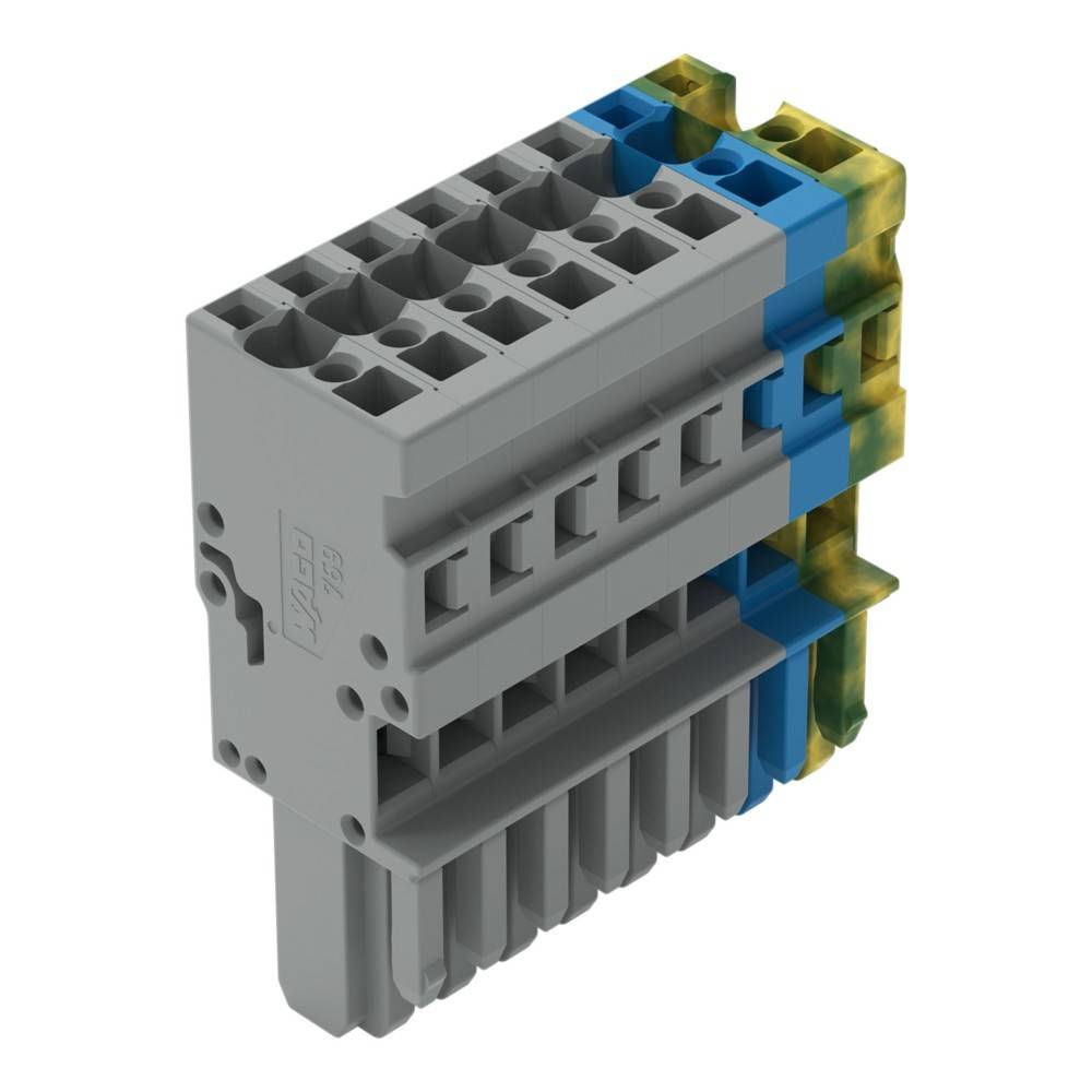 Ein stapelbarer grauer, blauer und grüner elektrischer Klemmenblock mit mehreren Anschlusspunkten, der zum Organisieren und Verbinden von Kabeln verwendet wird.