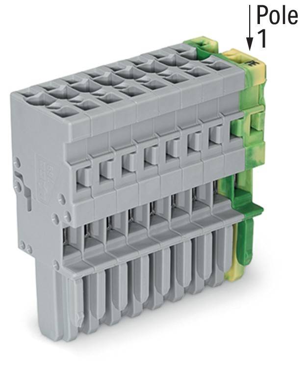Stapelbares graues Elektronikbauteil mit mehreren Steckplätzen, das ein grünes Modul am Ende und einen schwarzen Pfeil, der darauf zeigt, aufweist.