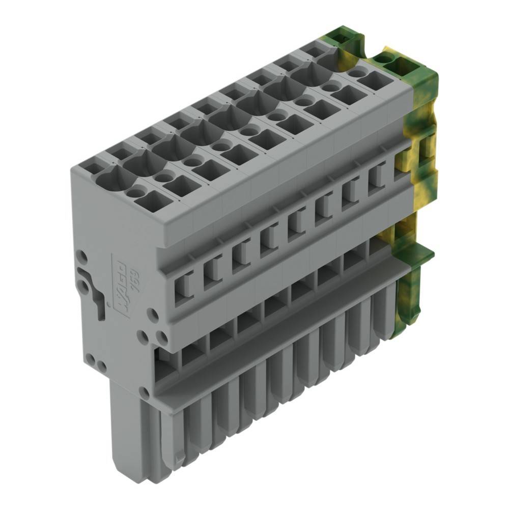 Ein 3D-Modell eines grauen elektronischen Terminalblockverbinders mit mehreren Anschlusspunkten, der für elektrische Verkabelungsaufgaben verwendet wird.