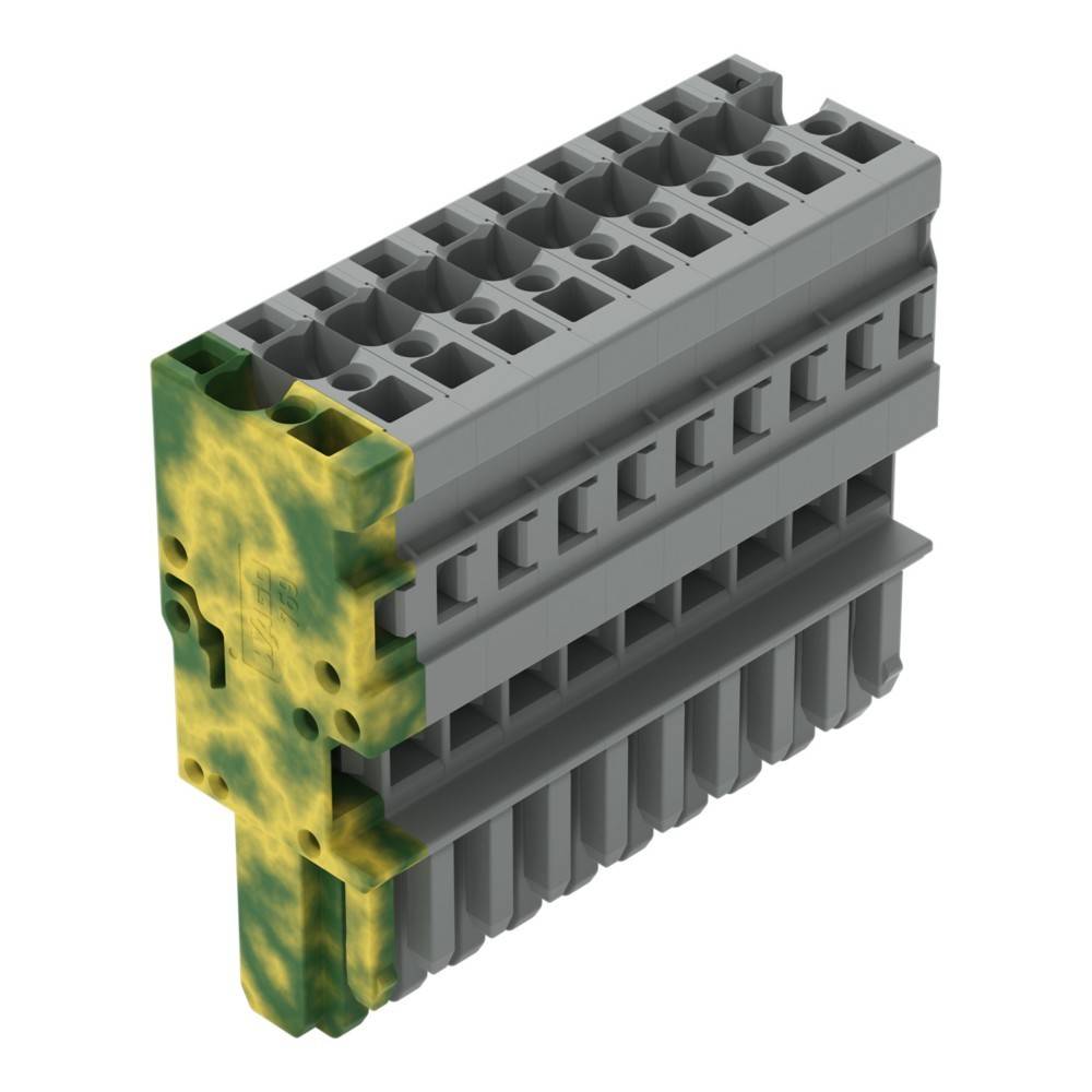 Ein zweistufiger grauer Elektroverbinder mit mehreren Schlitzen und einer grün-gelben Markierung an einer Seite, entwickelt für industrielle Anwendungen.