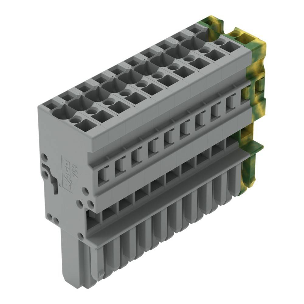 Ein grauer Doppelstock-Klemmenblock mit einer grün-gelben Schutzleiteranschlussleiste, entwickelt für elektrische Verkabelung und Schaltungsverbindungen.