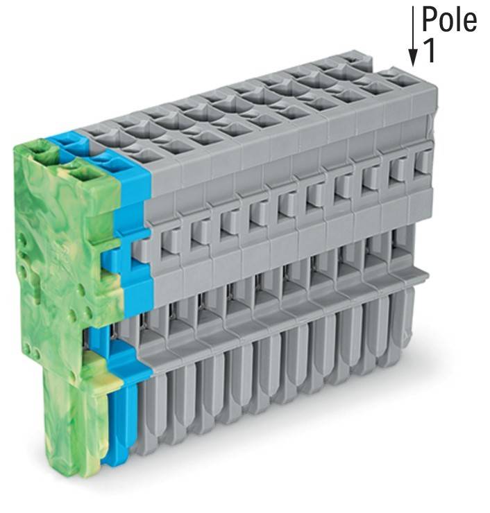 Ein Stapel modularer Anschlussklemmen mit einer seitlichen Markierung, die 