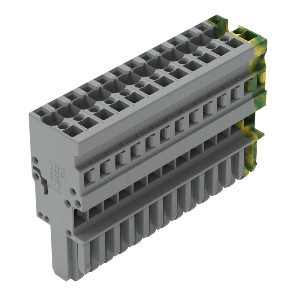 Ein grauer, rechteckiger, mehrreihiger Anschlussblock für elektrische Verbindungen mit mehreren kreisförmigen Buchsen an Ober- und Unterseite.