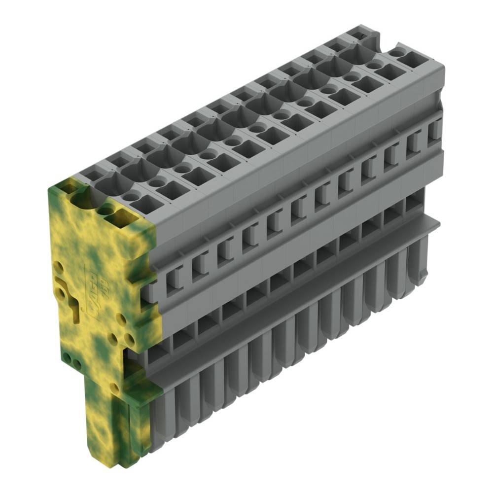 Ein grauer, rechteckiger elektrischer Anschlussblock mit mehreren Anschlussslots, der an einer Seite einen gelb-grünen Bereich für die Erdung aufweist.