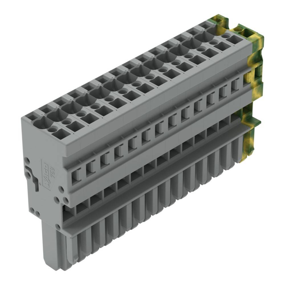 Ein grauer, mehrreihiger Elektroklemmenblock mit mehreren Anschlusspunkten, der zum Organisieren und Sichern von Leitungen in elektrischen Systemen verwendet wird.