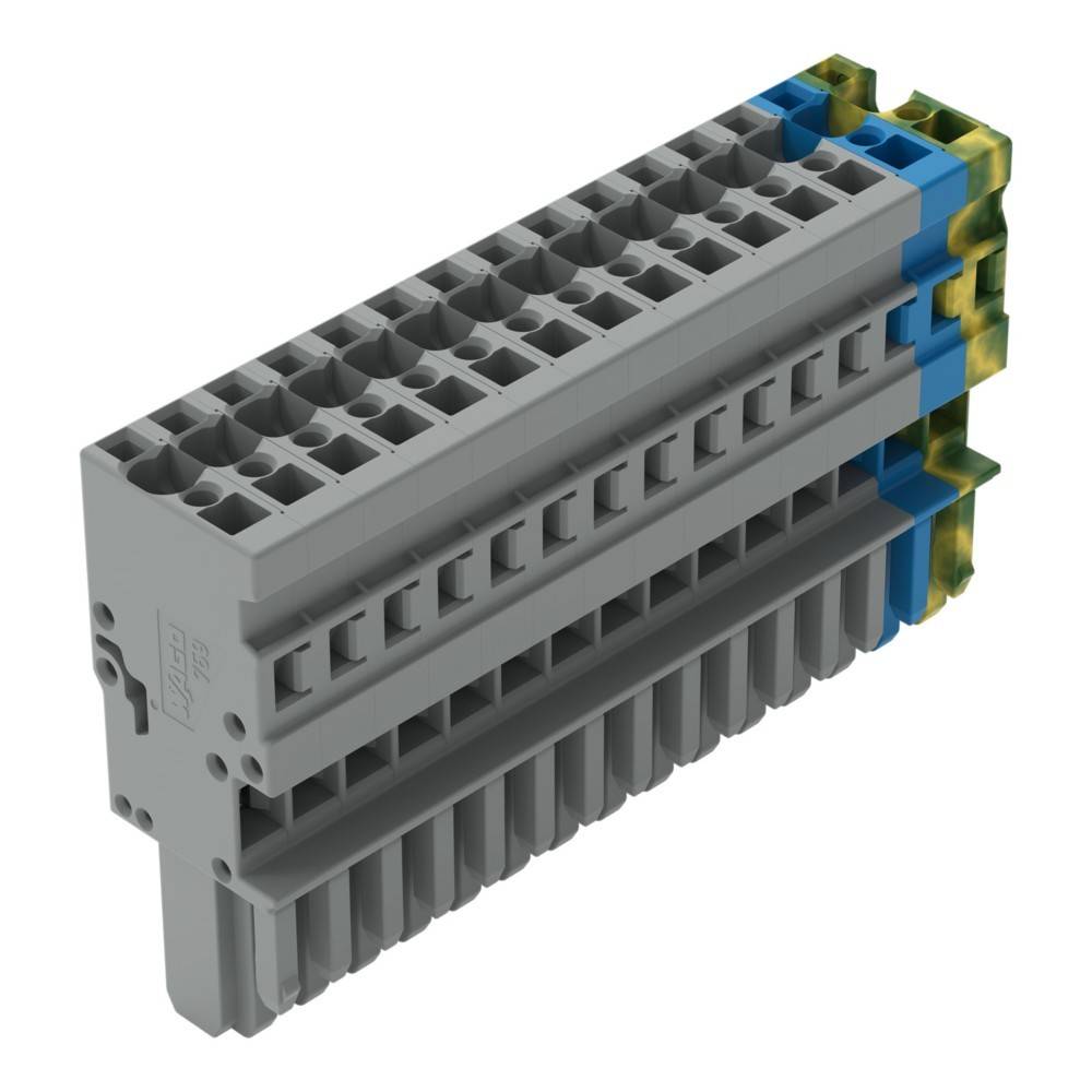 Grauer mehrreihiger Klemmenblock mit blau und gelb farbcodierten Abschnitten, der für elektrische Verbindungen verwendet wird und sein Design und seine Struktur präsentiert.
