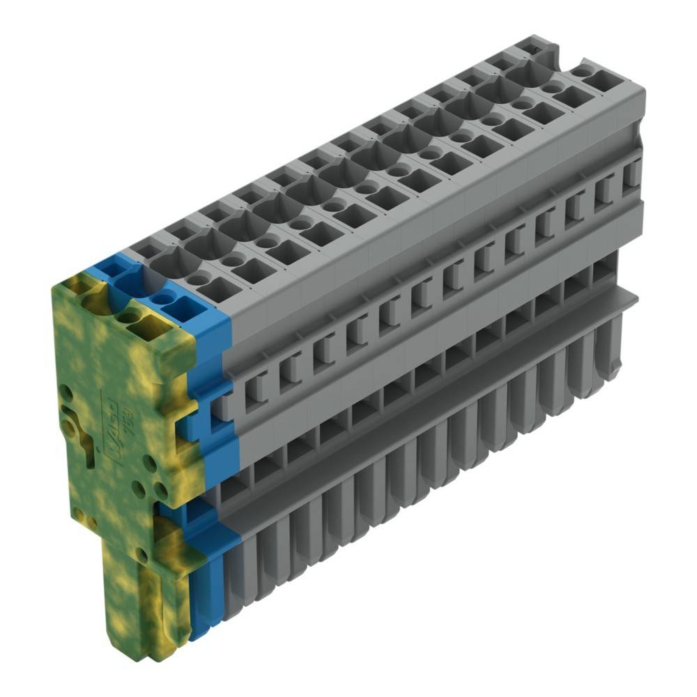 Ein Stapel grauer Elektro-Anschlussklemmen mit einer grünen und blauen Kappe auf einer Seite, geeignet zum Organisieren und Verbinden von Drähten in Verteilerkästen.