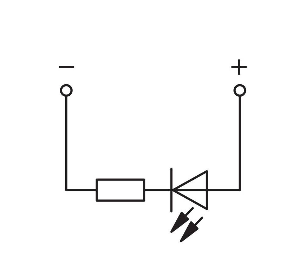 Eine einfache Schaltskizze, die eine Batterie, einen Widerstand und eine LED zeigt. Die LED ist so ausgerichtet, dass der Stromfluss von negativ nach positiv möglich ist.