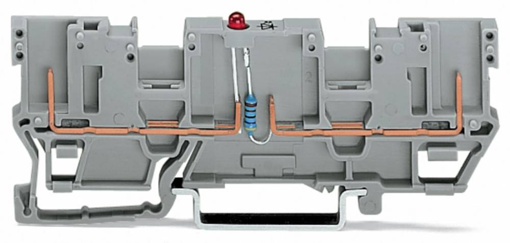 Ein grauer Elektro-Klemmenblock mit einem Widerstand und einer roten Anzeigelampe oben, verwendet zum Anschließen und Sichern von elektrischen Kabeln.