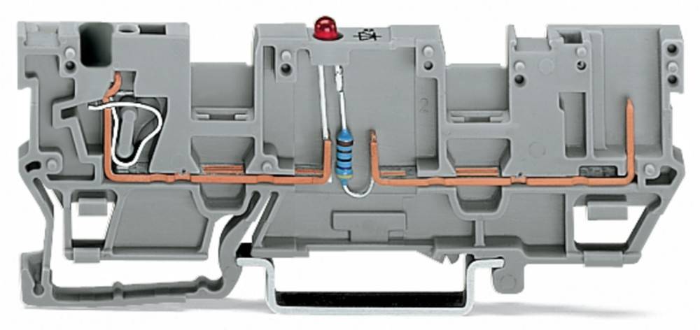 Grauer elektrischer Anschlussklemmenblock mit roter Kontrollleuchte, Widerstand und Erdungsdraht, verwendet zum Verbinden und Schutz von Stromkreisen.