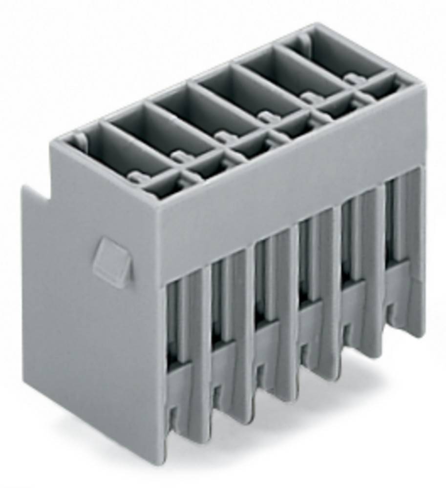 Ein grauer rechteckiger Kunststoffstecker mit sechs Schlitzen, entwickelt für elektrische Anwendungen.
