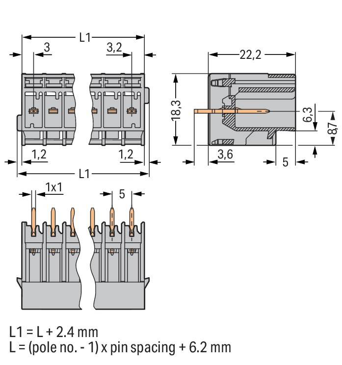 Diagramm elektrischer Anschlüsse mit beschrifteten Abmessungen. Wichtigste Anschlussabmessungen umfassen 3, 3,2, 8,3 und 6,3 mm. Gleichung: 'L1 = L + 2,4 mm'.