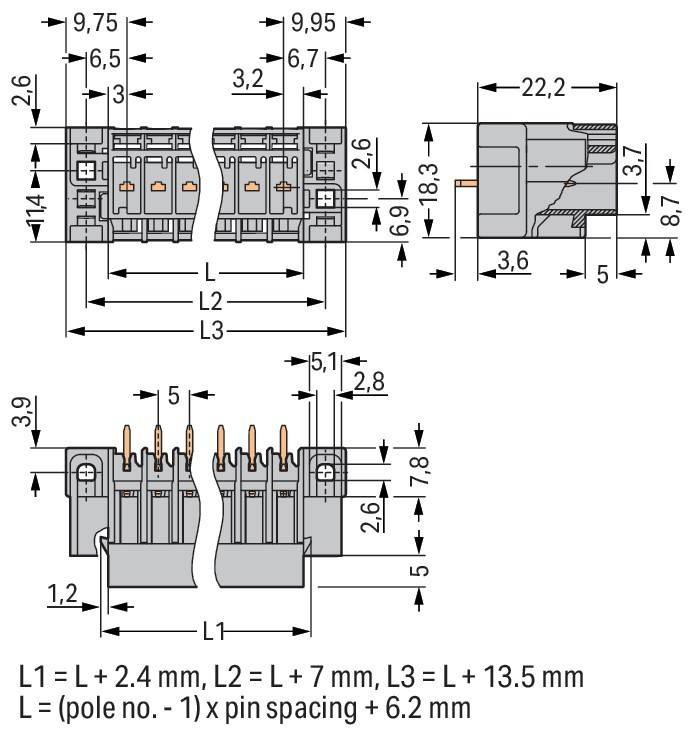 Technische Zeichnung elektrischer Anschlüsse mit in Millimetern beschrifteten Maßen. Zeigt detaillierte Abmessungen und Abstände für die Montage.