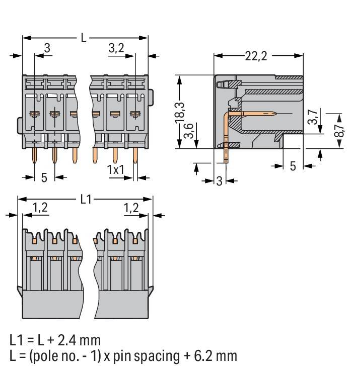 Technische Zeichnung eines elektrischen Steckverbinders mit Maßangaben: 3,2 mm Stiftabstand, 22,2 mm Breite, 3,6 mm Höhe und weiteren Spezifikationen.