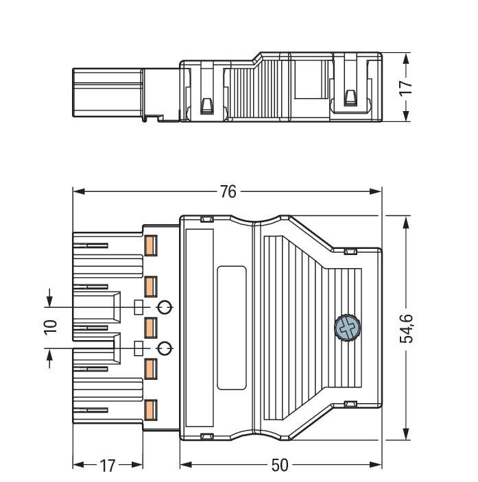 Technische Zeichnung eines elektrischen Anschlusses: Ansichten von oben und der Seite, Abmessungen beschriftet mit 76 mm Länge, 54,6 mm Höhe und 17 mm Breite.