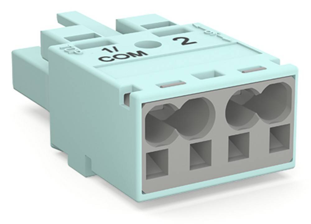 Ein dreireihiger elektrischer Terminalblock, mit '1/COM 2' beschriftet, der zum Verbinden mehrerer Kabel dient, ist vor einem schlichten Hintergrund abgebildet.