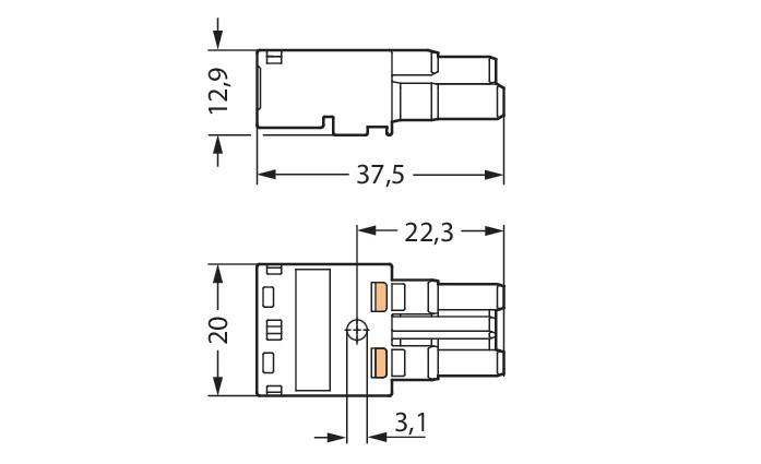 Technische Zeichnung eines Verbindungsstücks mit Abmessungen: Länge 37,5 mm, Breite 22,3 mm, Höhe 12,9 mm; zusätzliche Detailmaße 3,1 mm.