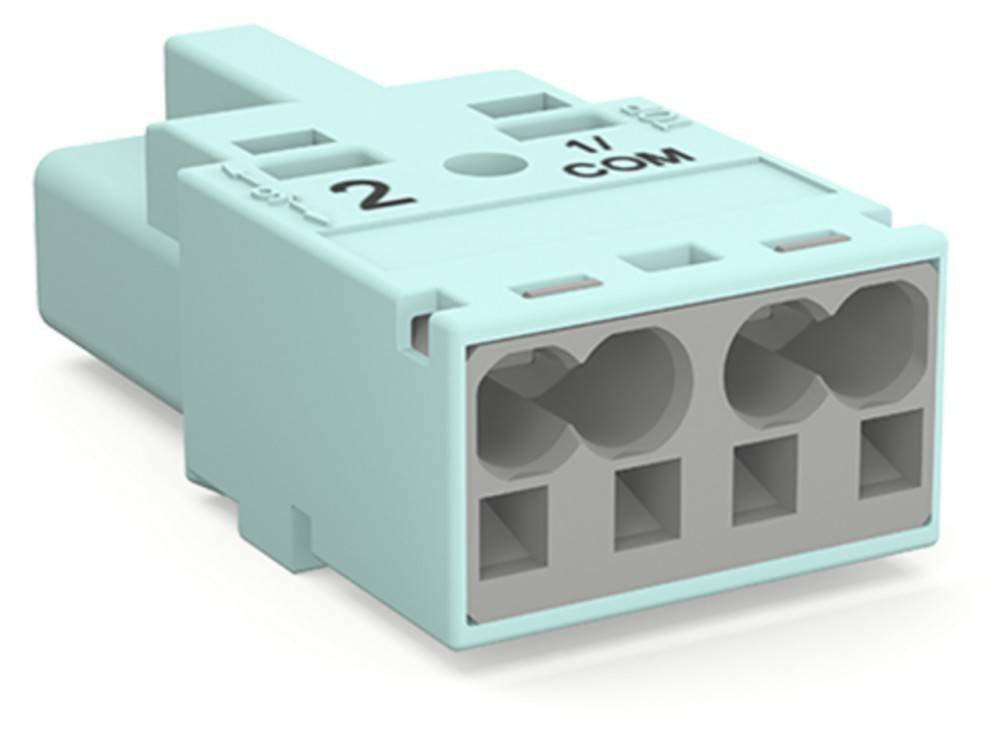 Türkisfarbener Klemmblock mit drei Eingangsbuchsen, beschriftet mit '1', '2' und 'COM' für elektrische Anschlüsse.