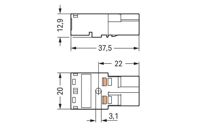 Technische Zeichnung eines elektrischen Verbinders mit Abmessungen: 12,9 (Höhe), 37,5 (Länge), 22 (Breite) und Details mit Beschriftungen 20, 3,1.