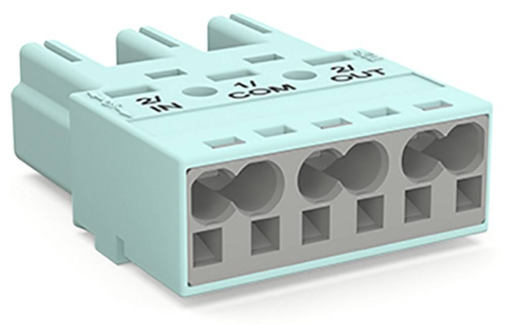 Aqua-farbener Kombistecker mit sechs Anschlusspunkten, beschriftet mit: 1, 2, IN, COM, OUT und Z2.