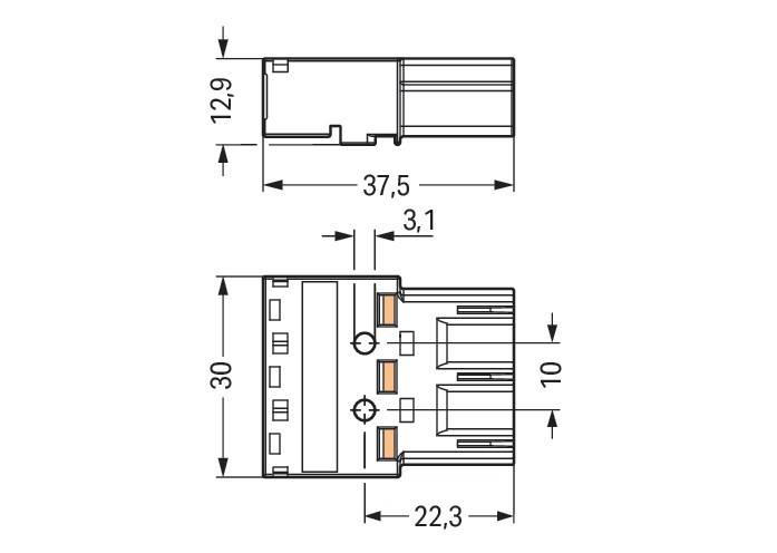 Technische Zeichnung eines elektronischen Verbindungsstücks, Abmessungen inklusive: 37,5 mm Länge, 30 mm Breite, 22,3 mm Breite für bestimmten Abschnitt, 12,9 mm Höhe.