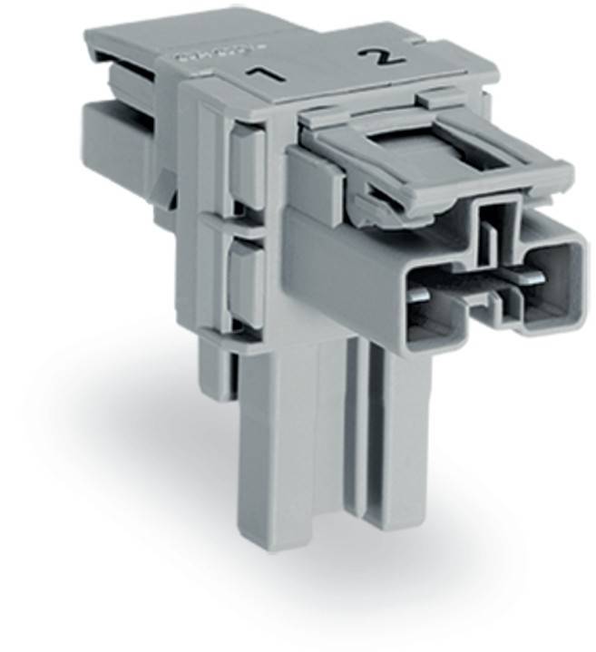 Ein grauer mechanischer 2-polig Steckanschluss, mit '1' und '2' beschriftet, für elektrische Verbindungen, in einer Perspektivansicht dargestellt.