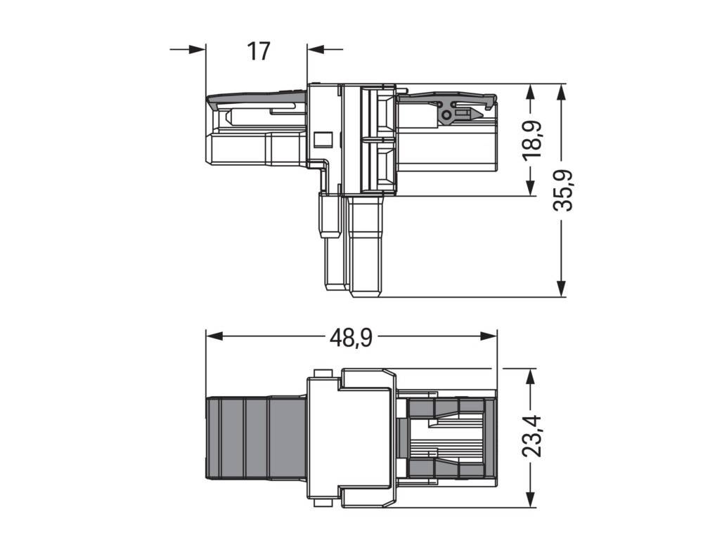 Technische Zeichnung einer Komponente mit markierten Abmessungen: 17 mm Breite, 18,9 mm Höhe und 35,9 mm Tiefe oben; 48,9 mm Breite und 23,4 mm Höhe unten.