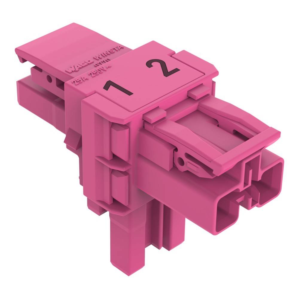 Ein rosa Kunststoff-Duplexfaseradapter mit den Beschriftungen '1' und '2' auf der Oberseite, konzipiert zum Verbinden von optischen Fasern und verwendet in Kommunikationsnetzwerken.