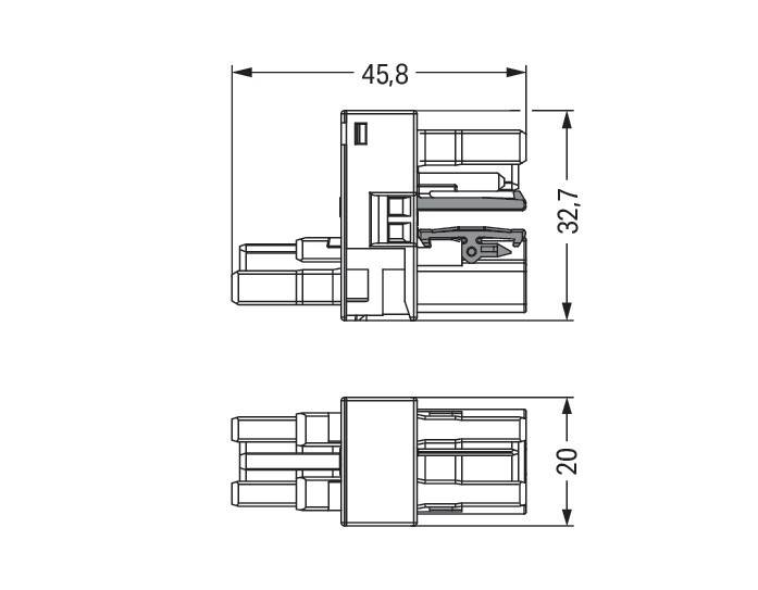 Technische Zeichnung eines elektrischen Anschlusses mit Abmessungen: 45,8 mm x 32,7 mm und 20 mm Höhe. Seiten- und Frontansicht dargestellt.
