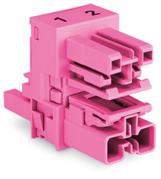 Ein rosa industrieller Anschluss mit zwei beschrifteten Anschlüssen, '1' und '2', der zum Verbinden von elektrischen oder Datenkabeln verwendet wird.