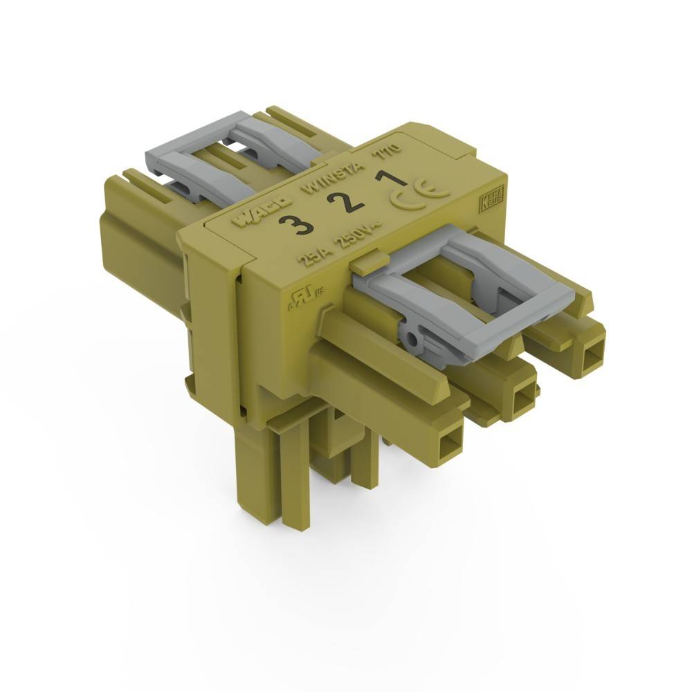 Ein beiger elektrischer Anschluss mit drei beschrifteten Anschlüssen, 32A, 25kV, und verriegelnden grauen Clips, konzipiert für Hochspannungsanwendungen.