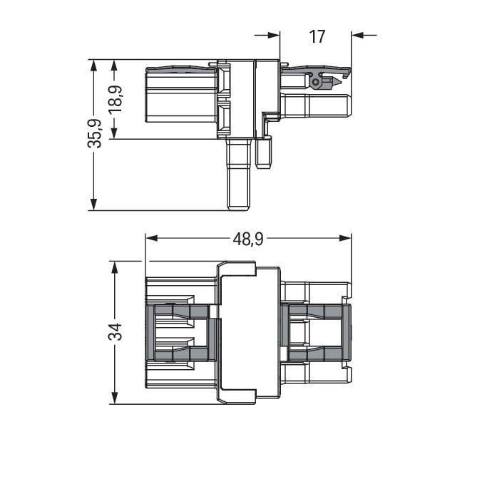 Technische Zeichnung einer Komponente mit Maßen: Draufsicht 48,9, Profilansicht 35,9 bei 17 und Vorderansicht 34.