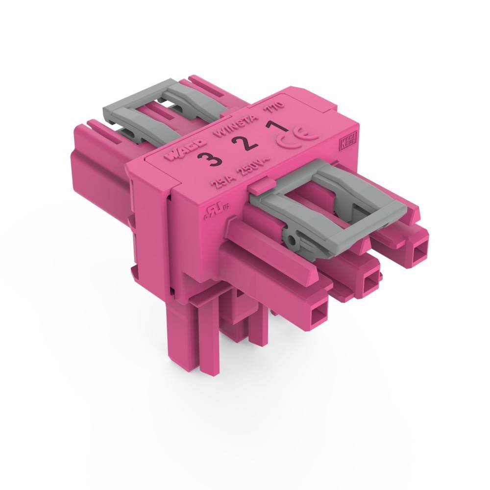 Ein rosa elektrischer Anschlussblock mit grauen Klammern auf weißem Hintergrund, gekennzeichnet mit '3 2 1' sowie Spannungs- und Zertifizierungssymbolen.