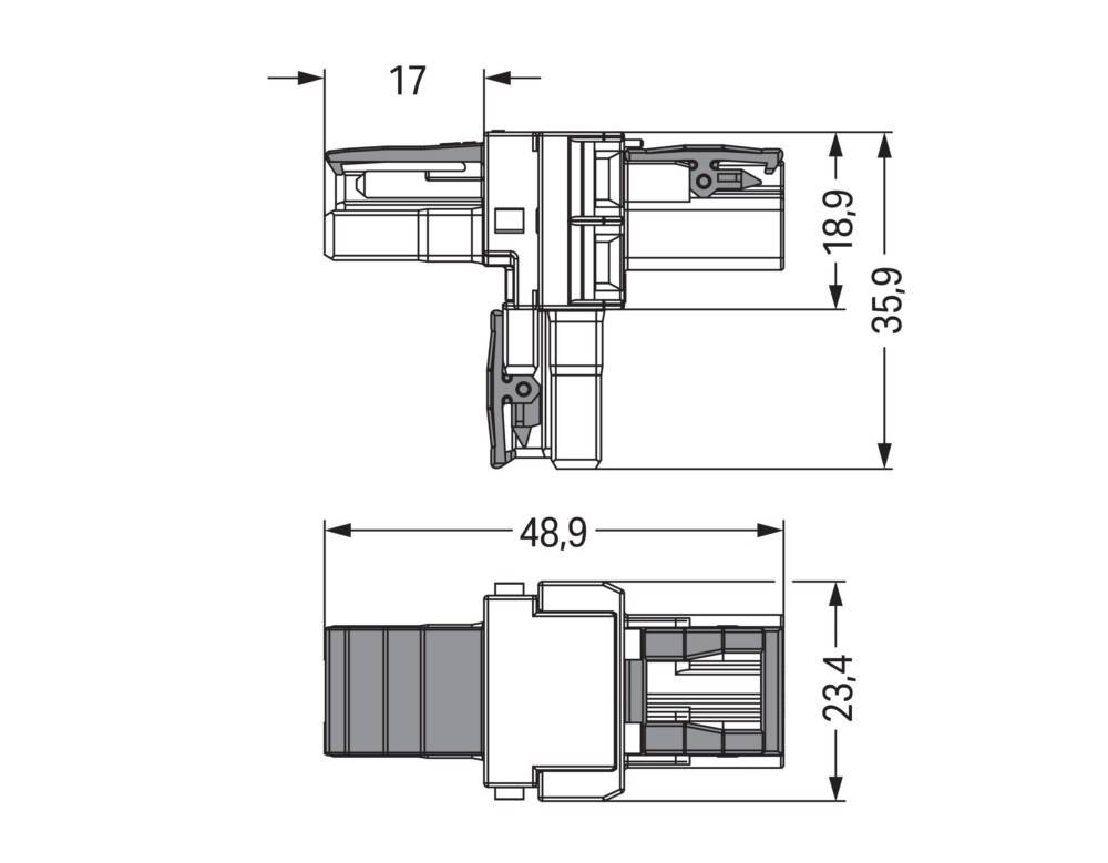 Technische Zeichnung eines Schalters mit Abmessungen: Breite 17 mm, Höhe 35,9 mm, Tiefe 18,9 mm und Gesamtlänge 48,9 mm.