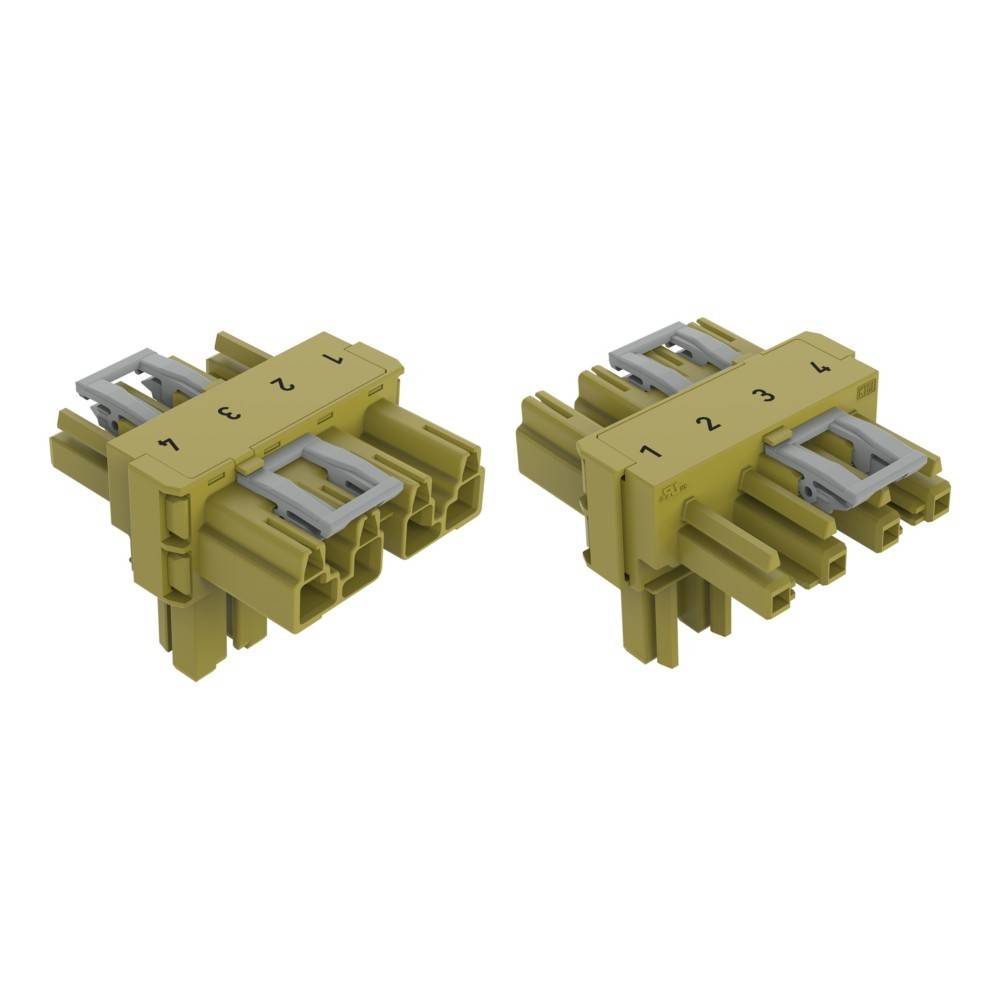 Zwei rechteckige, gelbe Automotive-Steckverbinder mit Pins, von 1 bis 4 beschriftet, sind nebeneinander ausgerichtet und ermöglichen eine sichere elektrische Verbindung.