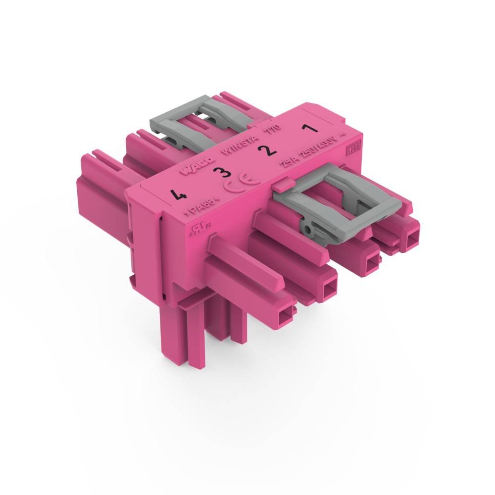 Ein rosa und grauer elektrischer Steckverbinder mit nummerierten Beschriftungen '1', '2', '3', '4'. Entwickelt für Drahtverbindungen und mit mehreren Anschlüssen versehen.