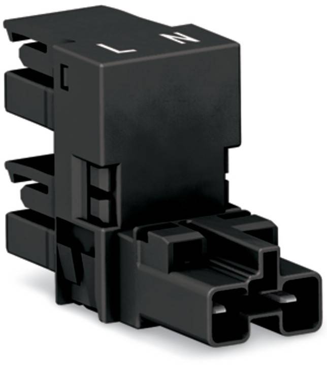 Eine schwarze modulare elektrische Komponente mit Anschlüssen und Beschriftungen für 'L' und 'N', wahrscheinlich für Verkabelung oder Installationszwecke verwendet.