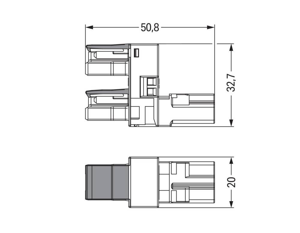Eine technische Zeichnung, die die Abmessungen eines elektrischen Anschlusses zeigt. Draufsicht misst 50,8 mal 32,7 Einheiten; Seitenansicht ist 20 Einheiten hoch.
