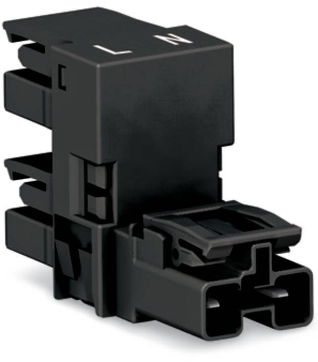 Ein schwarzer Steckverbinder mit mehreren Stiften, auf der Oberseite mit ‚L' und ‚N' beschriftet, der für sichere elektrische Verbindungen konzipiert ist.
