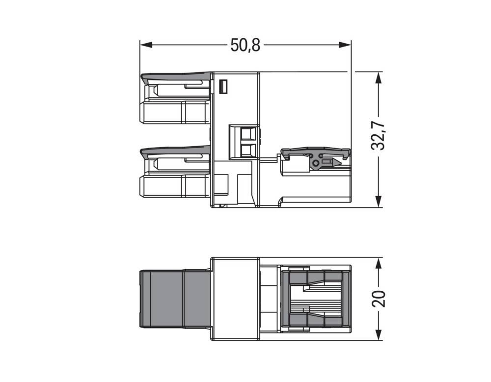 Technische Zeichnung eines RJ45-Steckers mit Abmessungen: 50,8 mm Länge, 32,7 mm Höhe und 20 mm Breite.
