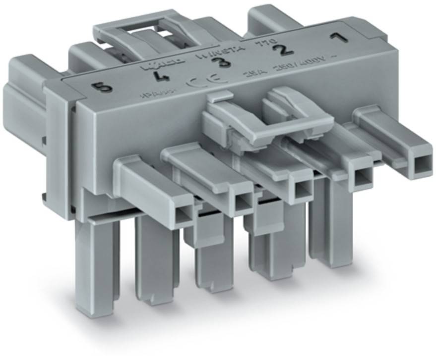 Ein grauer, mehrpoliger elektrischer Stecker mit nummerierten Steckplätzen, der zum Verbinden von Drähten in einem Stromkreis verwendet wird.