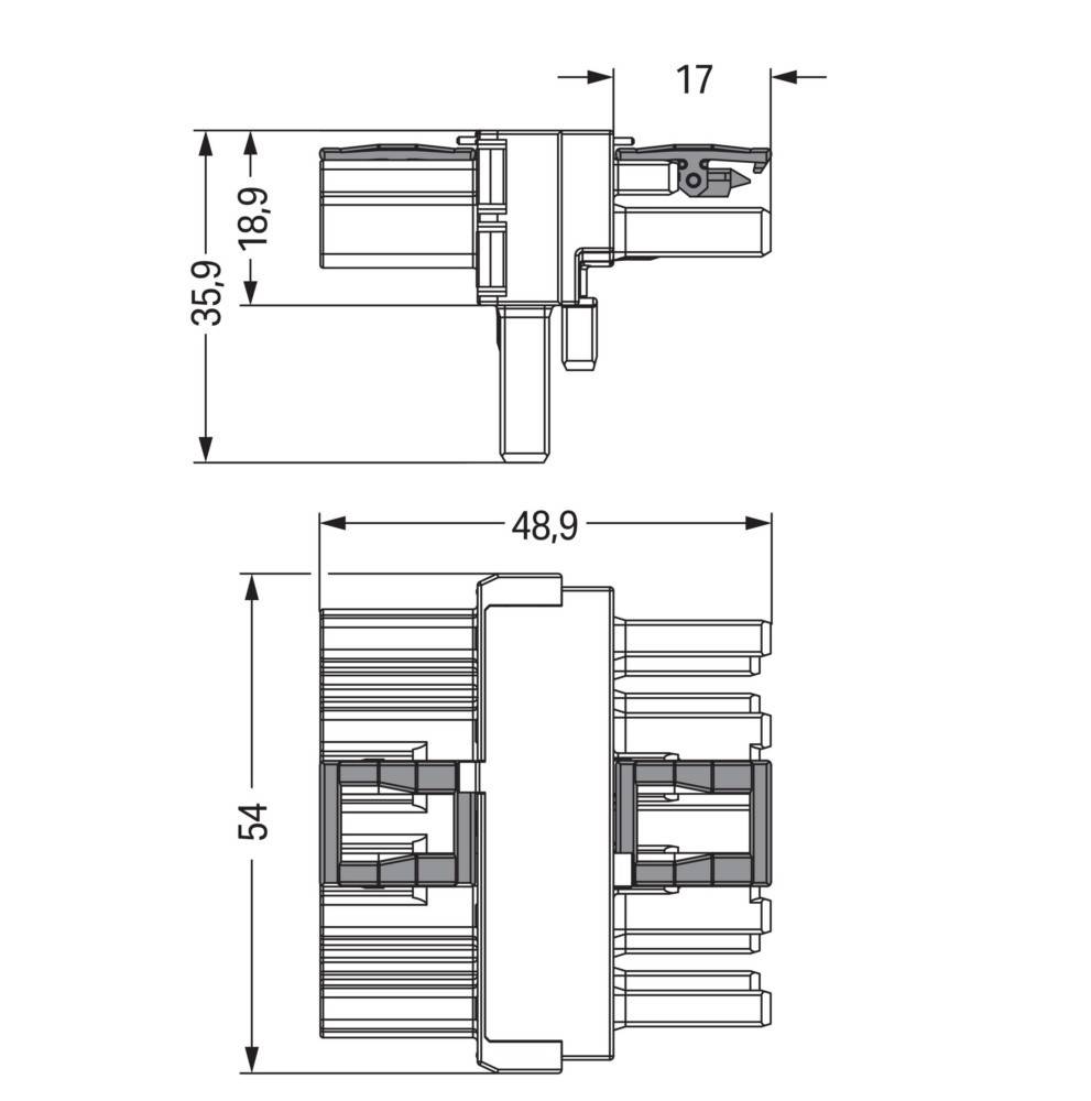 Technische Zeichnung eines mechanischen Bauteils mit Drauf- und Seitenansicht. Draufsichtabmessungen: 48,9 x 54 mm. Seitenansichtabmessungen: 35,9 mm Höhe und 17 mm Tiefe.